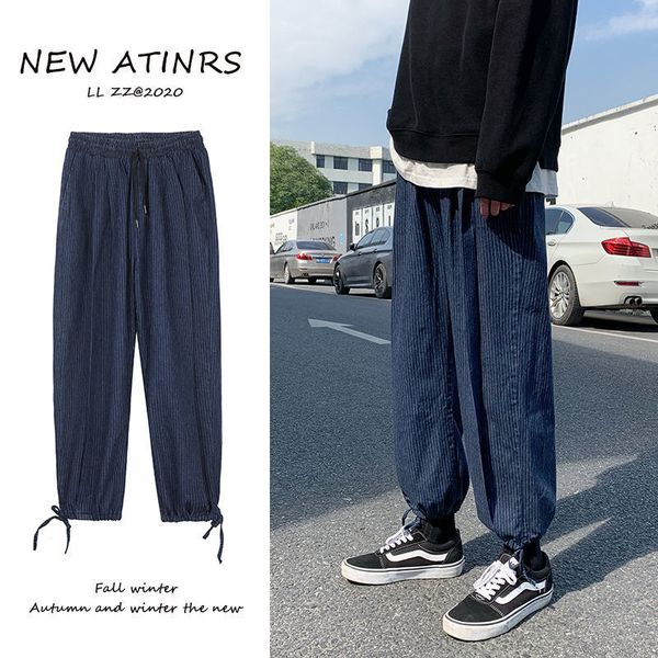 

2021 striped men's fashion retro casual drawstring jeans men streetwear hip-hop straight denim pants mens s-2xl enwl, Blue