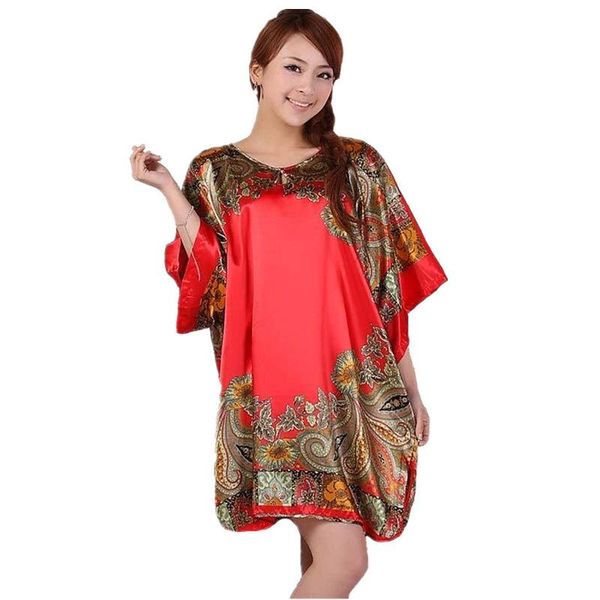 

women's sleepwear plus size faux silk robe bath gown nightgown pijama mujer summer sleepshirts style printed zh597s, Black;red