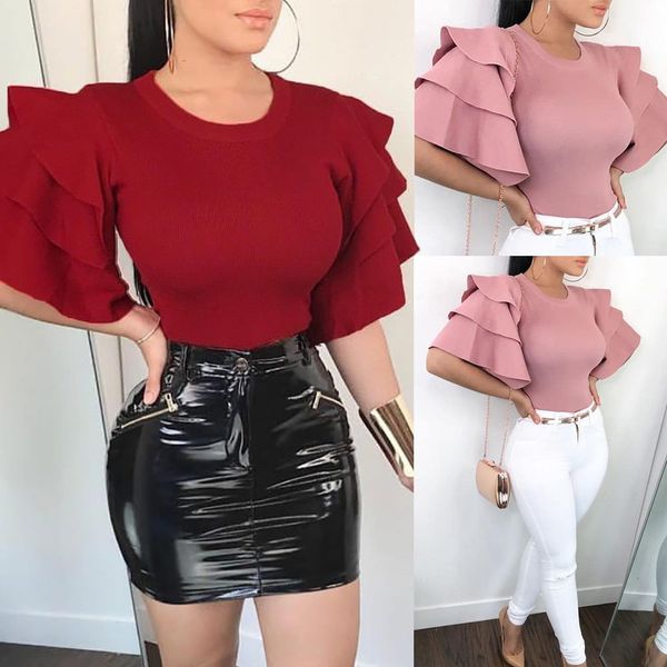 

trendy women clothes ruffle short sleeve loose pullover t-shirts ladies solid summer casual chiffon one pieces, White