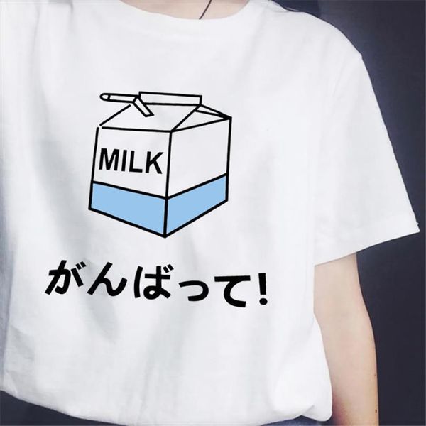 

harajuku milk japanese print summer mens and womens white kawaii women graphic tees short sleeve, White;black