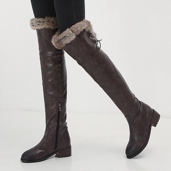 

boots natural fur winter women knee high long square heel shoes woman waterproof rubber sole plus size 34-43 u263, Black