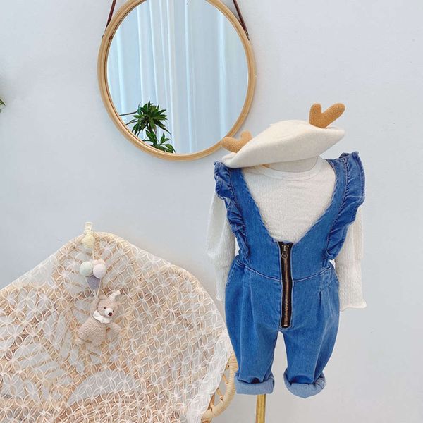 

denim jumpsuit 2021 spring autumn new children's ruffle and western style loose girl's baby fashion strap pants, Blue