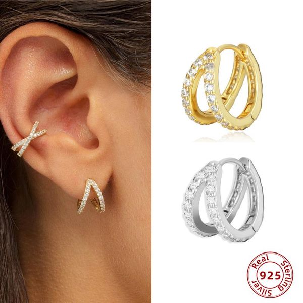 

2021 new design double circle cz small hoop earrings for women 925 sterling silver female 2021 fine tiny huggie jewelry, Golden;silver