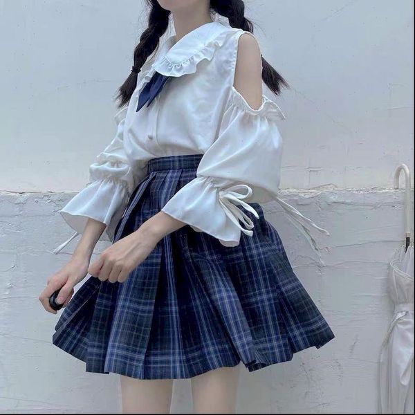 

two piece set women off shoulder shirt and high waist pleated skirt womens outfits plaid skirts preppy kawaii matching sets, Gray
