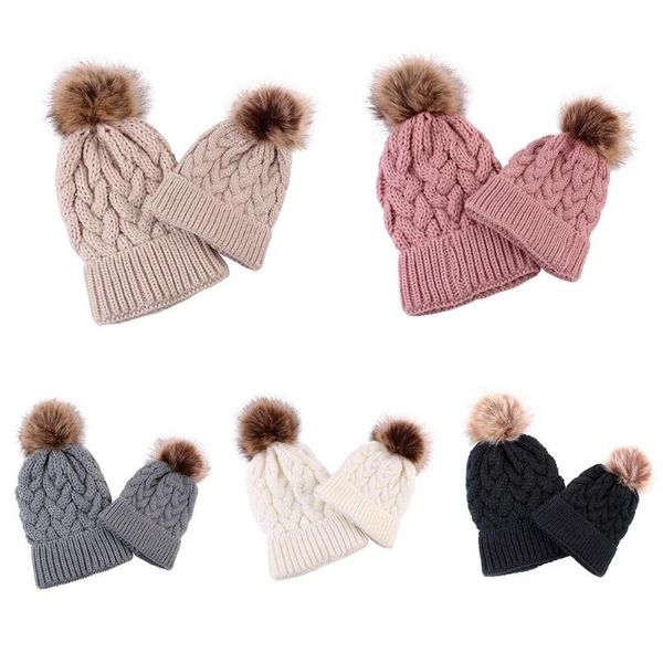 

caps & hats baby winter warm knit hat parent-child family matching beanie hairball kids solid color elastic cap for infant child, Yellow