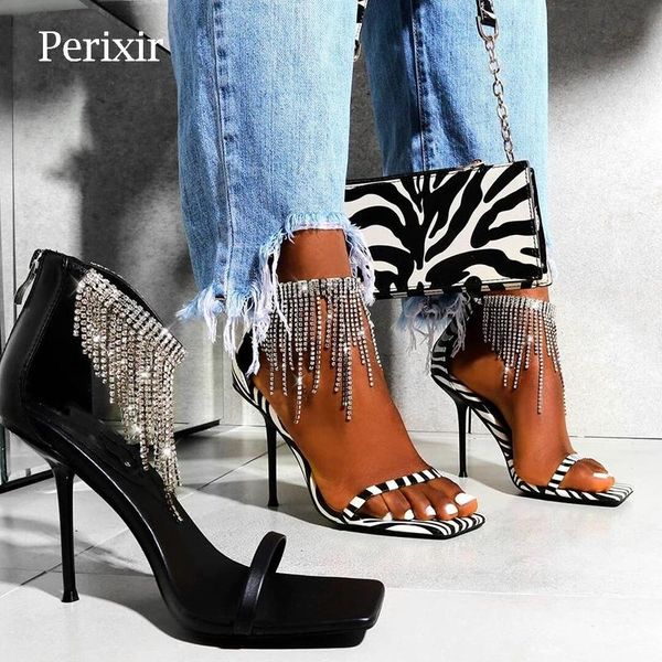 

sandals perixir women ankle crystal fringe back zipper open square zebra high heel rhinestones shiny footwear summer lady shoes, Black