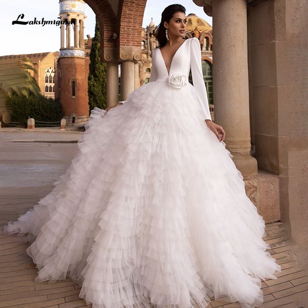 

new laksgmigown charming ball gown with long sleeve v-neckline plus size vestido de noiva simple wedding 2021 2uhg, White