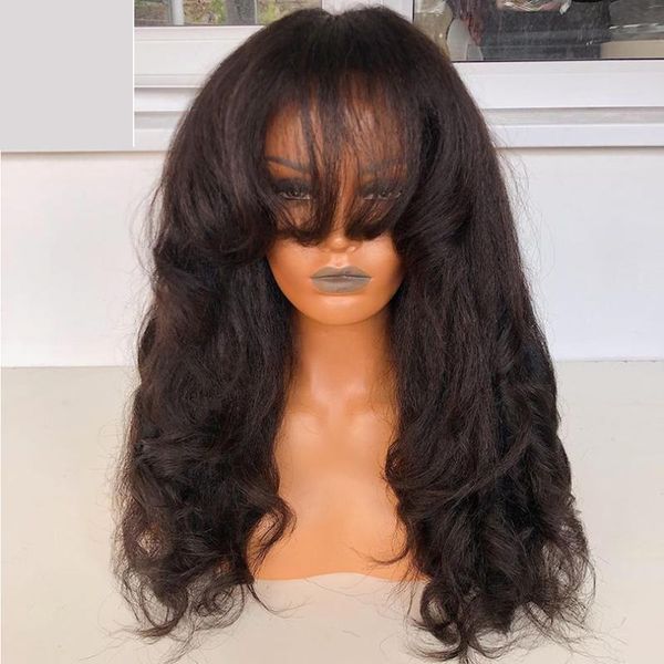 

lace wigs full density 250% yaki straight human hair with bangs malaysian silk base scalp wave black brown color
