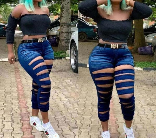 

women jeans high waist denim pants women high elastic skinny pants ripped hole stretchy skinny jeans, Blue