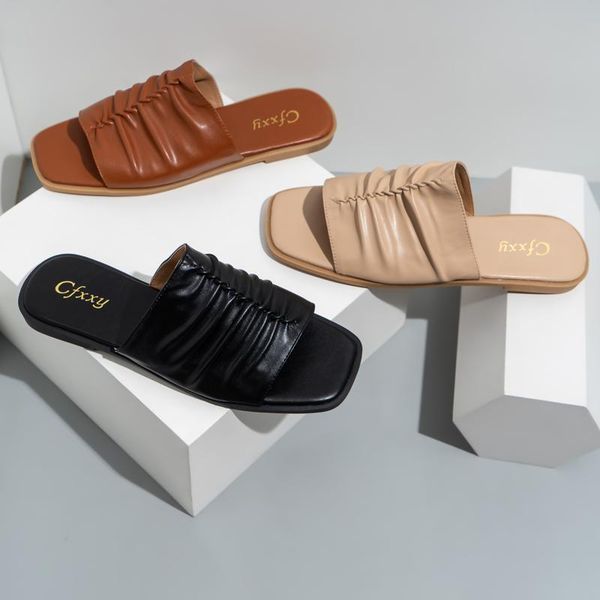 

slippers pleated british fashion simple solid color summer casual flat bottom women's sandals, Black