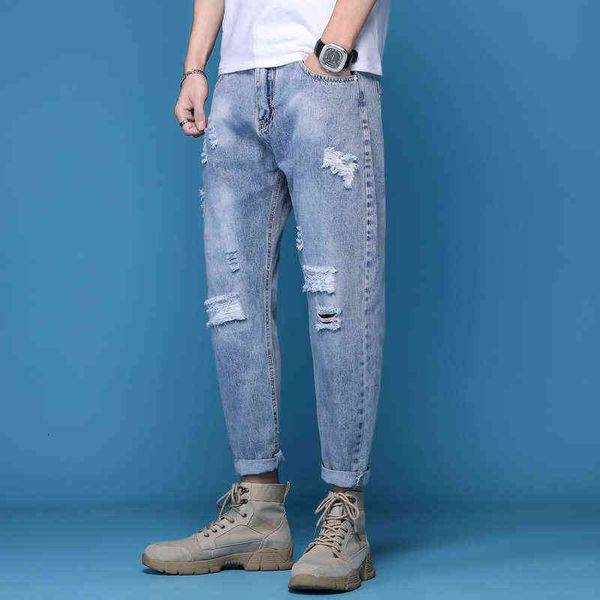 

men's jeans jeans men's 2021 spring and autumn youth loose trend small foot nine leggings korean casual perforated pants, Blue