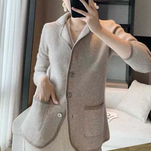 

women's wool & blends ladies chic coat button 2021 solid color long-sleeved pocket shirt jacket 100% lapel elegant, Black