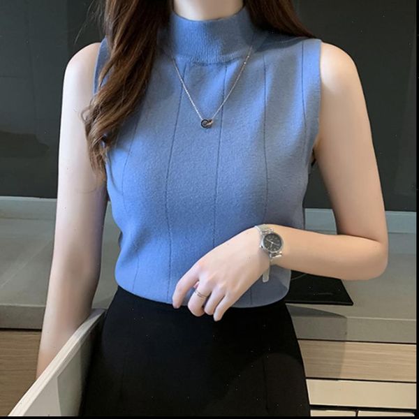 

knitted tanks female female sleeveless spring summer knit half turtleneck vest women casual waistcoat knit elastic 2021, White