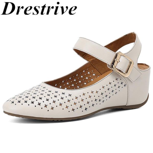 

dress shoes drestrive women pupms pointed toe full genuine leather buckle 2021 arrival summer hollow wedges high heel cow, Black