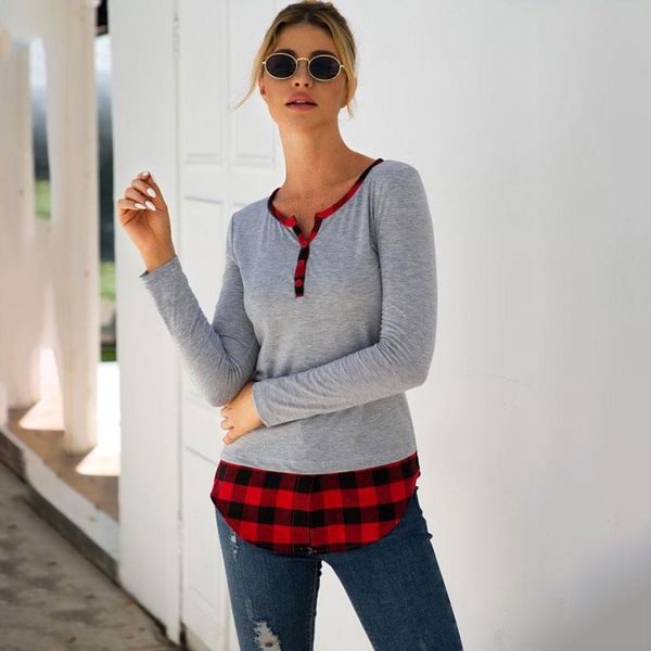 

women's t-shirt checked print women irregular hemline v neck long sleeve button 2021 spring t shirt casual tshirt, White