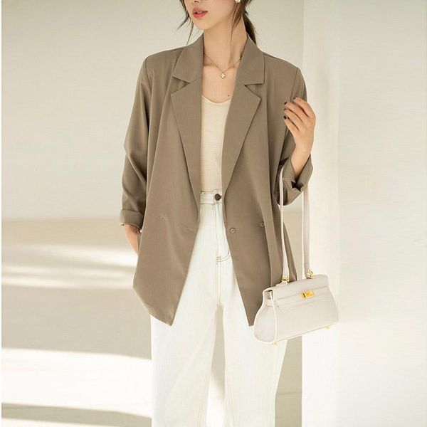 

2021 summer women blazer with belt chic loose light double button female suit kahki jacket full sleeve outwear blaser femme, White;black