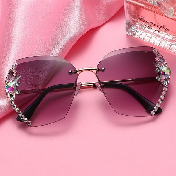

sunglasses fashion rimless for women brand designer luxury diamond vintage sun glasses bling rhinestone decoration pink shades, White;black