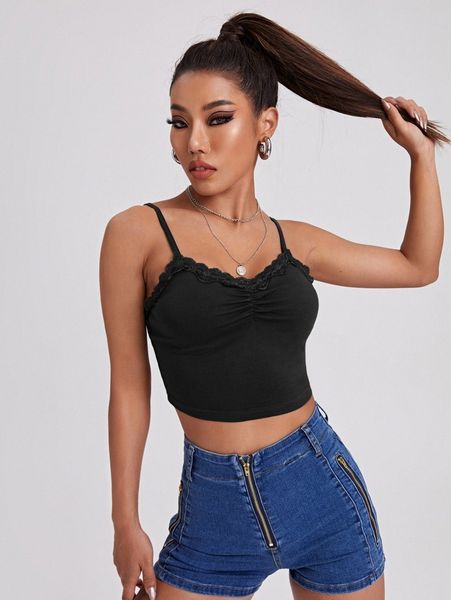 

lace trim ruched cami t26m#, White