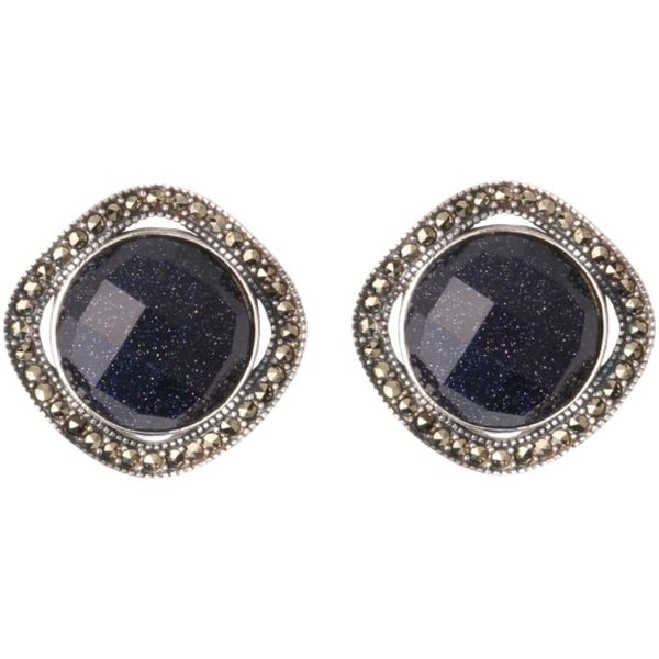 

925 sterling silver blue sandstone earrings stud ol women atmospheric geometric high-end ear buckle fashion retro cold heavy jewelry, Golden;silver
