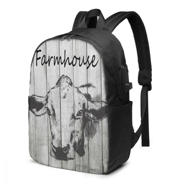 

backpack farmhouse cow head women men usb charge school bag for girl boy travel lapbookbag daypack
