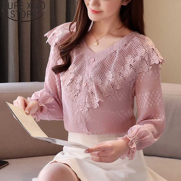 

spring lace flounces collar chiffon ladies' shirt slim fashion sweet style blouse women blusas mujer de moda 8399 50 210528, White