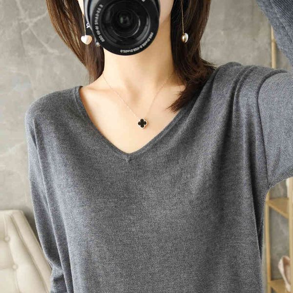 

women's sweaters spring and summer t-shirt set v-neck sweater women's 100% pure wool long-sleeved slim lazy knit bottoming shirt s, White;black