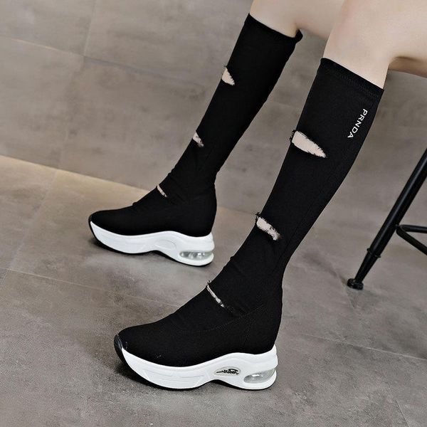 

boots 2021 platform casual autumn knee high women hole stretch wedges heel 9.5cm shoes summer, Black