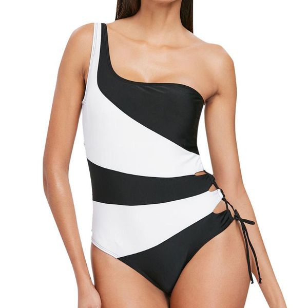 

one-piece suits 2021 striped one shoulder padded swimming suit for women piece swimsuit hollow out lace up beachwear maillot de bain