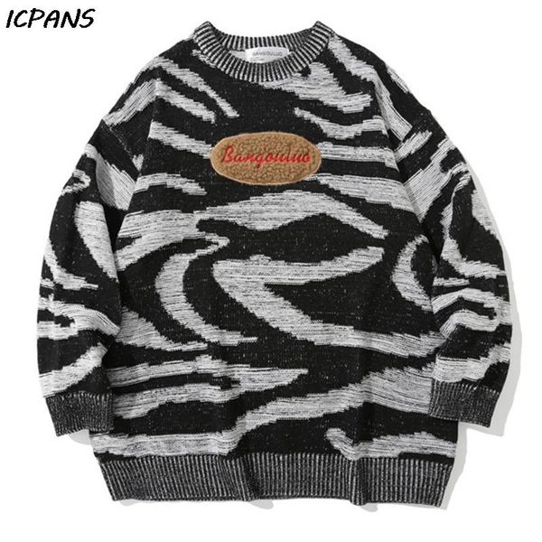 

men's sweaters knitted pullover men women harajuku zebra print oversize streetwear hip hop casual long sleeve autumn, White;black