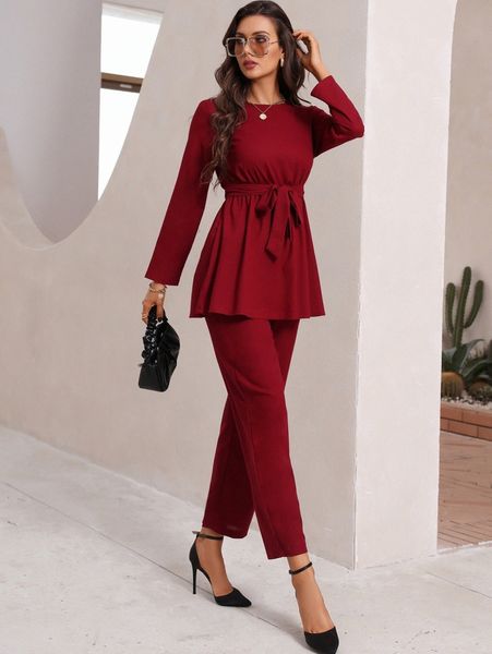 

solid peplum hem belted & pants m1o2#, White