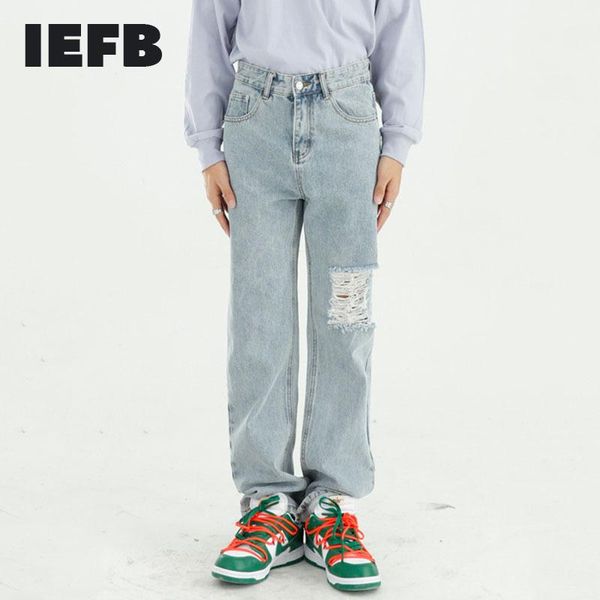 

men's jeans iefb casual pants hole leg straight denim trousers male 2021 spring summer bottoms pantalones hombre 9y6186, Blue