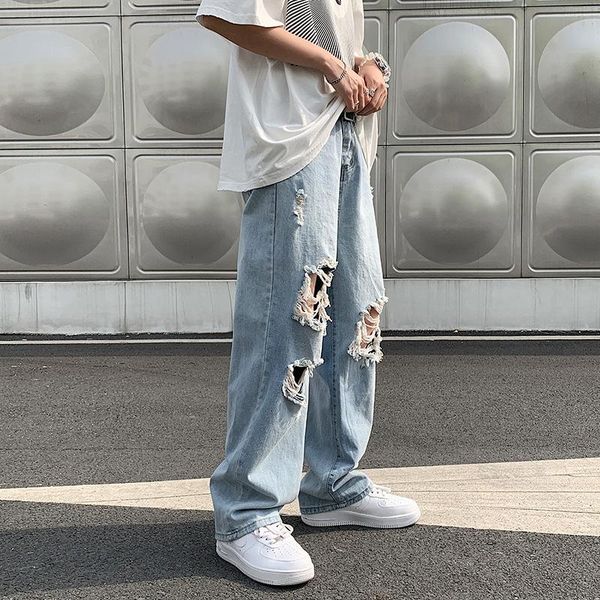 

men's jeans high street ripped male ins tide brand hip-hop wide-leg pants summer thin section straight loose casual old, Blue