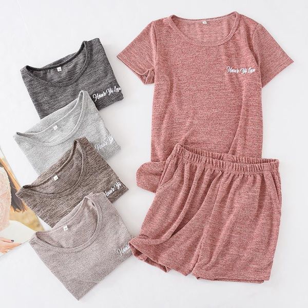 

summer women pajamas cotton slacker casual short-sleeved shorts sleepwear solid thin pijamas loungewear plus size home clothes, Black;red