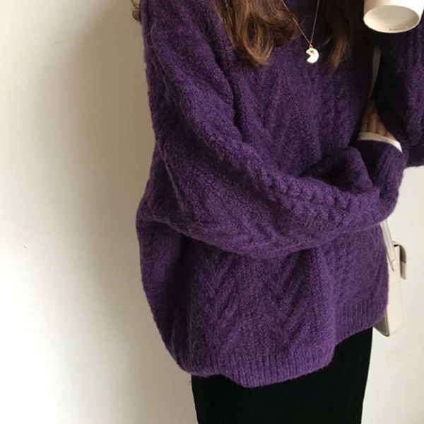 

loose purple twist sweater women's korean version lazy pullover wear thickened knitting autumn winter 2021 new style, White;black