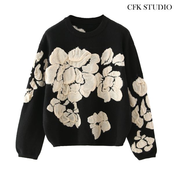 

za 2021 autumn winter floral print sweater knitted pullover lady sweaters oversize black sweater jumper