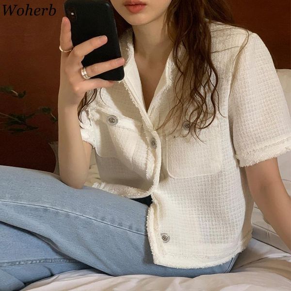 

women's jackets woherb korean chic vintage elegant tweed jacket coat women 2021 summer short sleeve coats ladies casual outwear chaquet, Black;brown