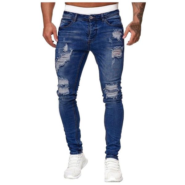 

men's jeans men casual solid color ripped holes frayed gradient washed trousers hip hop streetwear joggers pantalones, Blue