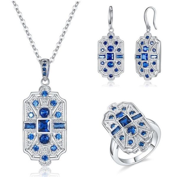 

earrings & necklace woman fashion art style blue stone crystal ring jewelry sets bridal engagement wedding gifts, Silver