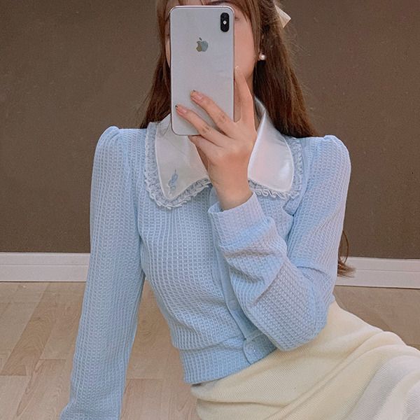 

doll collar design sense niche short blue shirt women spring 2021 new style foreign long-sleeved blouse uprf, White