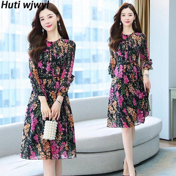 

casual dresses women beach floral chiffon midi dress spring autum vintage korean long sleeve 2021 elegant bodycon party vestidos, Black;gray