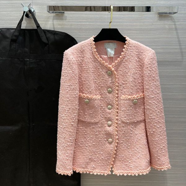 

european and american women's 2021 winter new collection long sleeves, round neck, single breasted fashionable pink tweed coat, Black
