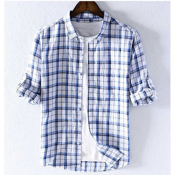 

casual plaid long sleeve linen shirt men's 2021 new cotton and linen square neck slim shirt in autumn 9303, White;black