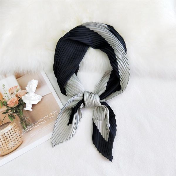 

scarves 2021 pleated small square satin silk scarf women stripe floral printed wrap handkerchief luxury band, Blue;gray
