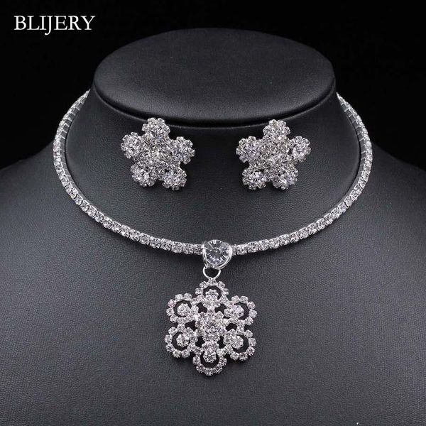 

wedding jewelry sets blijery crystal bridal set rhinestones flower pendant choker necklace earrings for women african, Slivery;golden