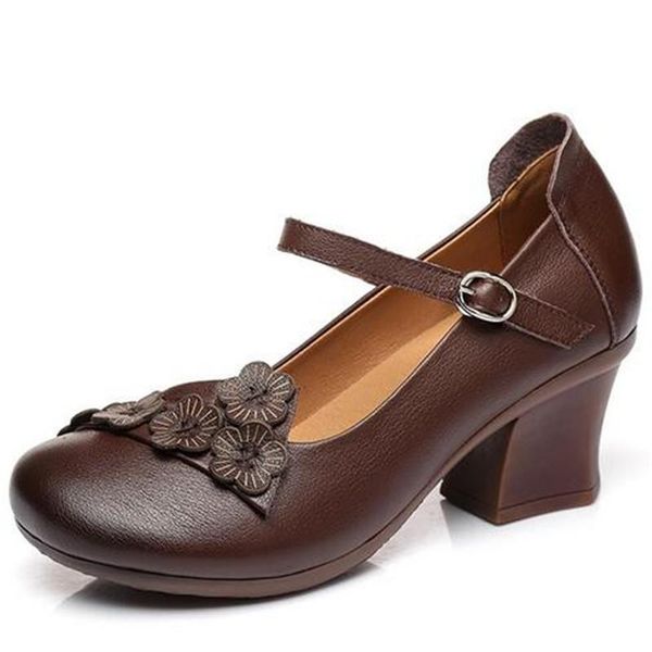

dress shoes 2021 est cowhide flowers genuine leather woman high heeled lady retro banquet wedding women fashion, Black