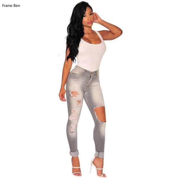 

women's jeans hole skinny ripped knee women fahsion summer autumn high waist stretch slim gray pencil solid ciolor pants, Blue