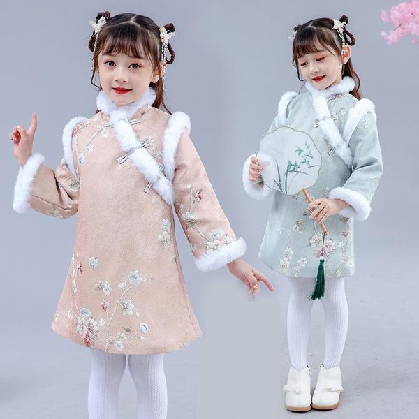 

ethnic clothing cute girls tang suit flower cheongsam long sleeve year's dress winter warm formal kids princess children qipao, Red