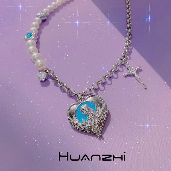

chokers huanzhi 2021 punk design blue rhinestone heart virgin mary cross imitation pearls necklace for women girls party jewelry, Golden;silver