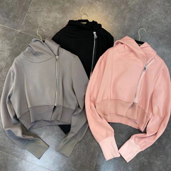 

2021 spring new arrival long sleeve with irregular hood zip up female short sweater g3dw, Black