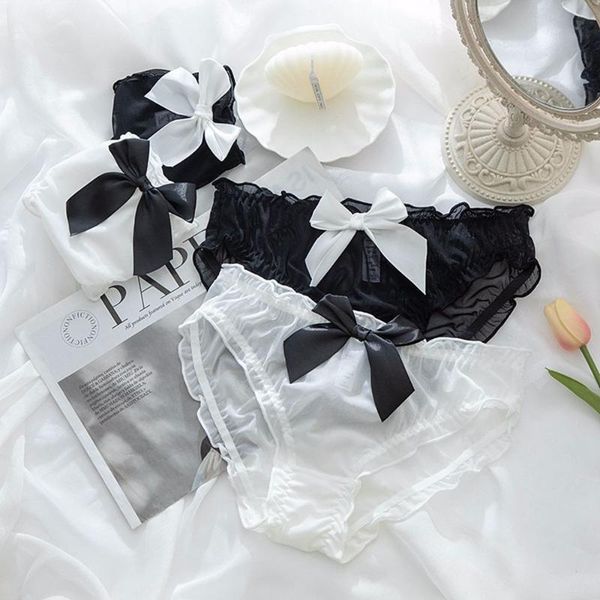 

women's panties lolita japanese bow lace girl mesh sweet low waist soft underwear female hollow and breathable briefs, Black;pink